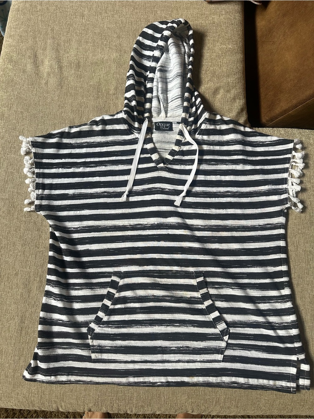 Striped Hooded oversized  Top in Black & White stripes and tassels sz medium